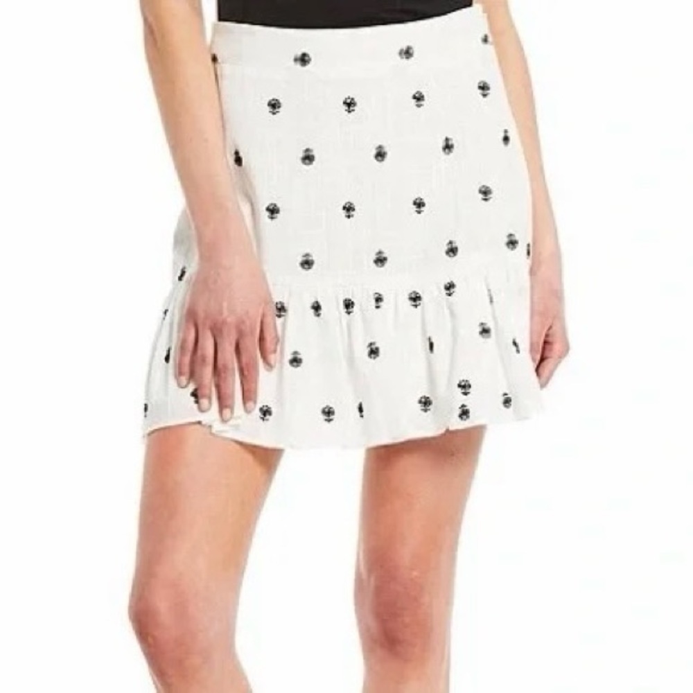 A Loves A Ruffle Hem Embroidered Mini Skirt White Black Cotton Linen Size 6